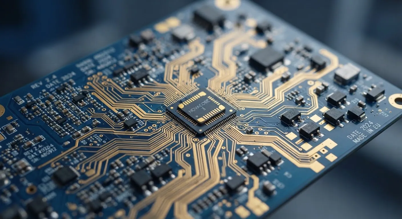 Macro close-up of a high-precision printed circuit board with gold-plated pathways.