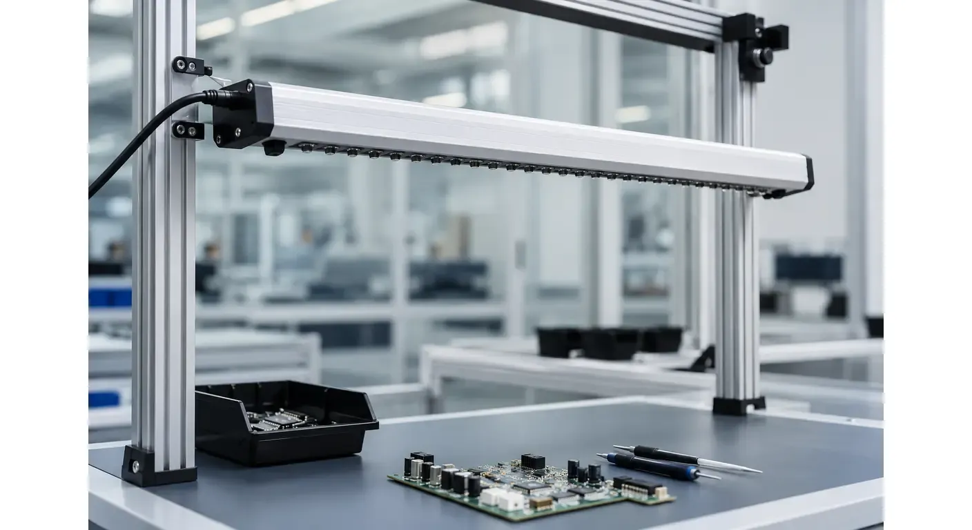 Overhead ionizing bar mounted above an electronics assembly workstation, with the emitter row visible along the underside of the housing.