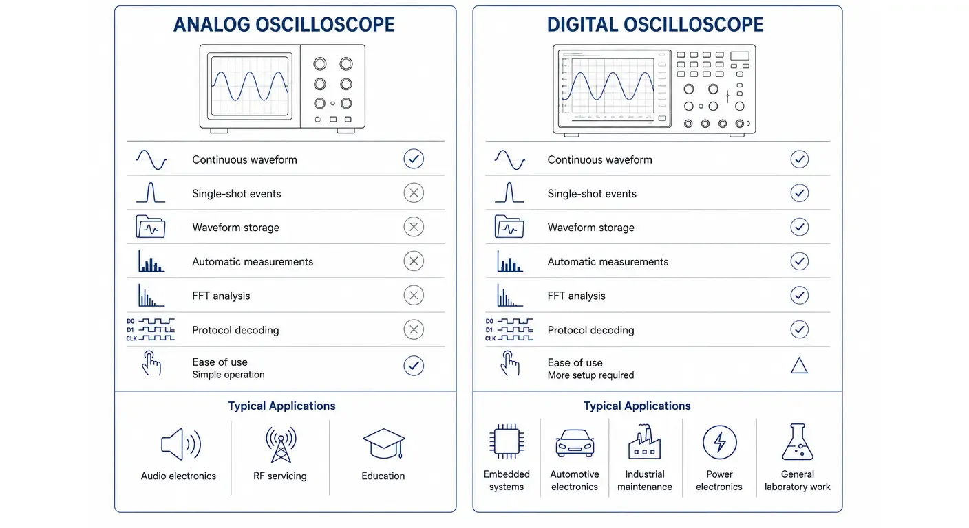 Visual decision guide comparing analog and digital oscilloscopes by storage, signal capture, analysis capabilities and typical engineering applications