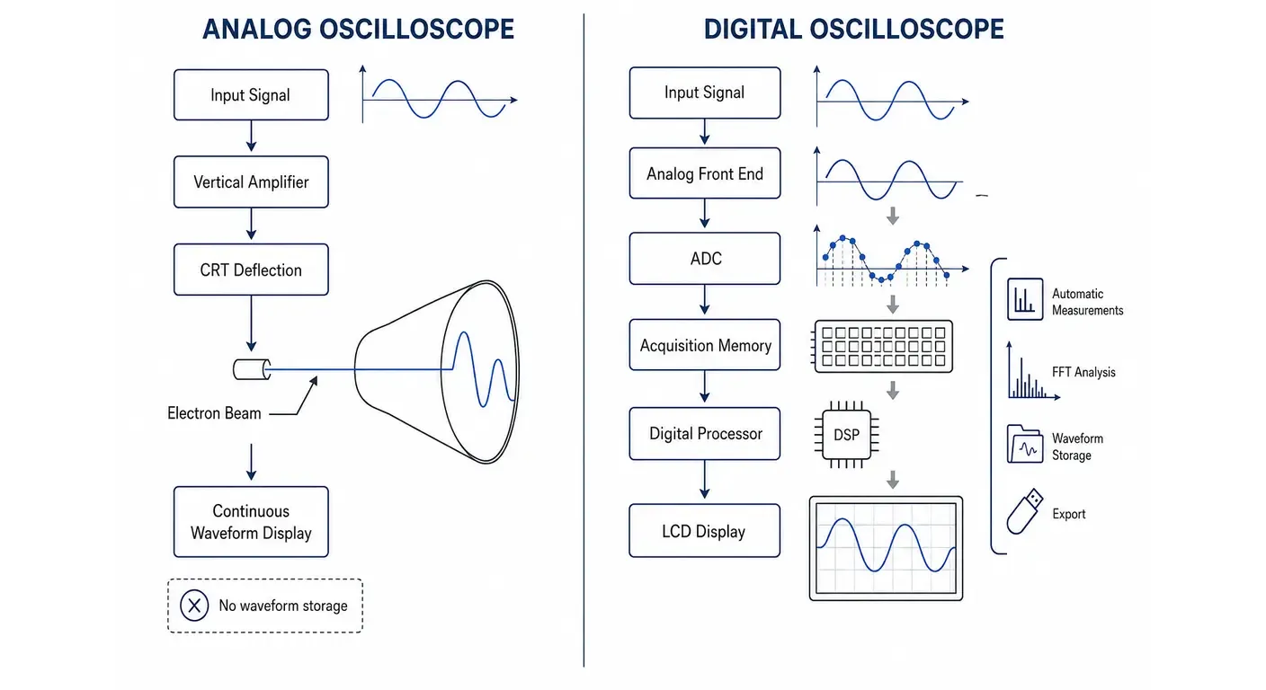 Signal flow diagram comparing analog and digital oscilloscopes, showing direct CRT display versus ADC, acquisition memory and digital processing before LCD output