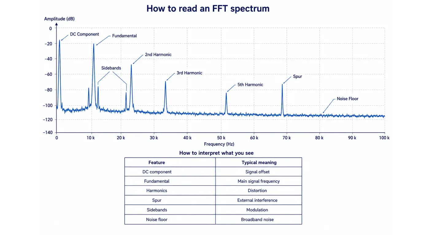 Annotated FFT spectrum identifying the DC component, fundamental frequency, harmonics, sidebands, spur and noise floor to help interpret oscilloscope FFT measurements