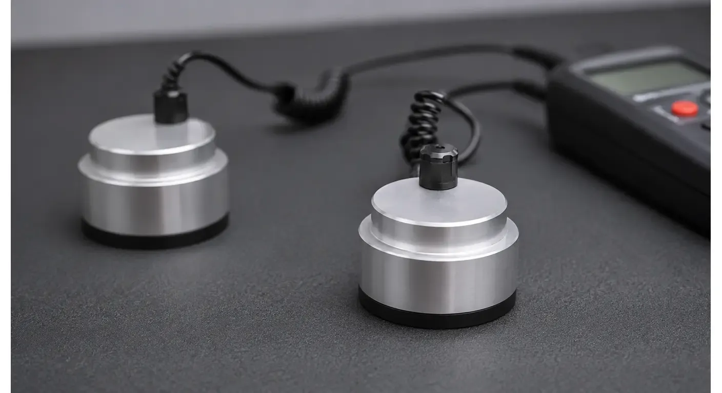 Two cylindrical weighted electrodes with brushed aluminium bodies and black contact bases resting on a dark textured worksurface, each connected by its own coiled lead to a handheld meter at the edge of the frame.