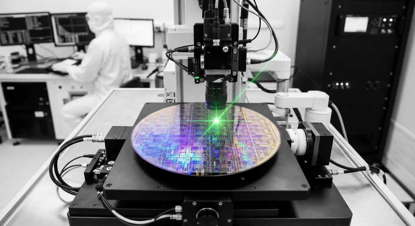 Semiconductor wafer under laser inspection showing iridescent diffraction patterns.