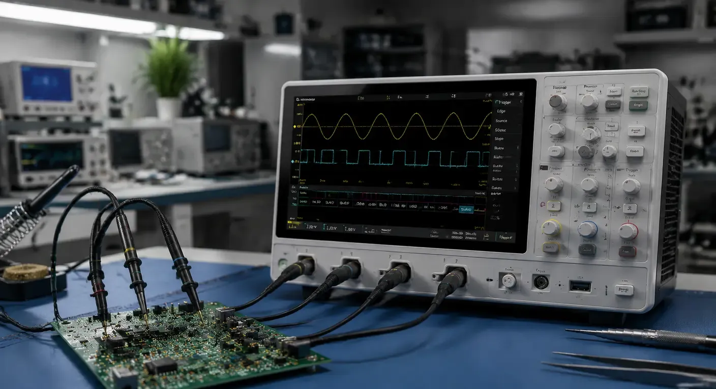 Four-channel digital oscilloscope connected to a circuit board in a professional electronics laboratory