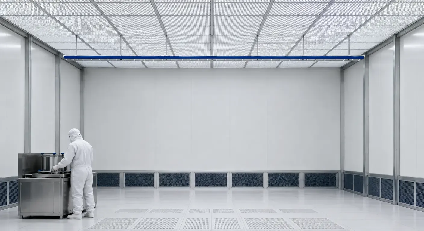 Wide view of a cleanroom bay with a perforated filter ceiling, a blue ionizing emitter bar suspended below the plenum, perforated floor return tiles, and a gowned operator at a stainless steel process station.