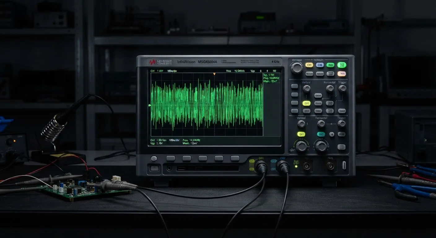 High-end oscilloscope displaying a green waveform pattern in a dark lab.