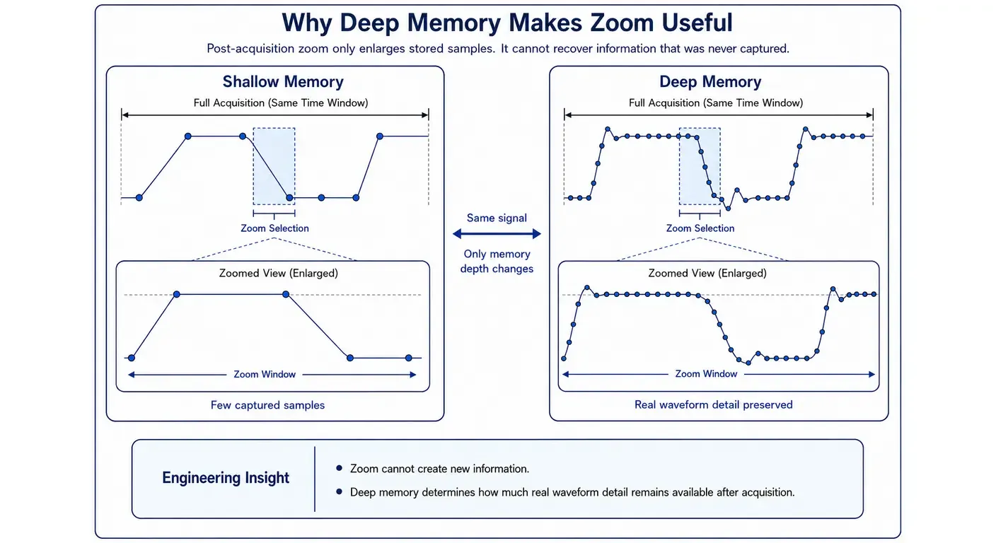 Side-by-side diagram comparing waveform zoom after acquisition with shallow memory and deep memory, showing how deep memory preserves real waveform detail while shallow memory displays only sparse sampled data
