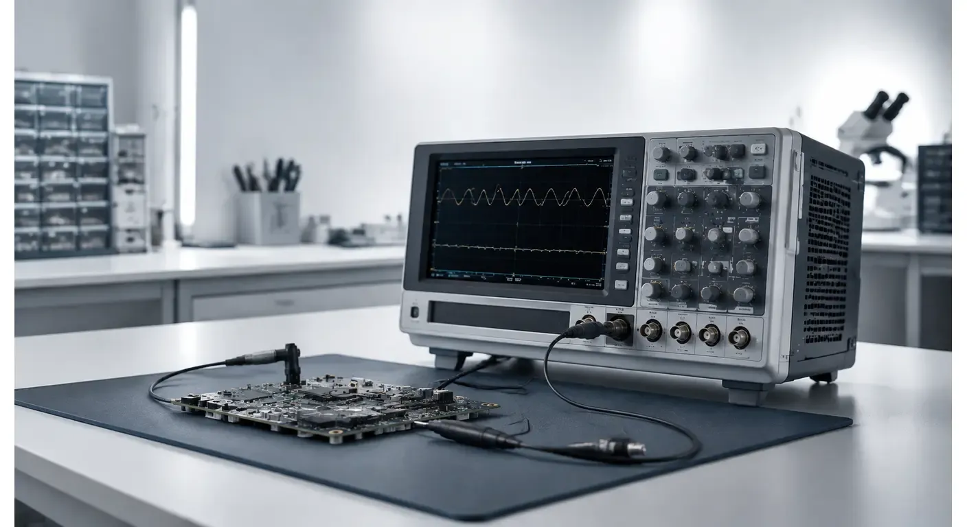 Digital oscilloscope on an electronics laboratory bench with a PCB and measurement probes used for waveform analysis