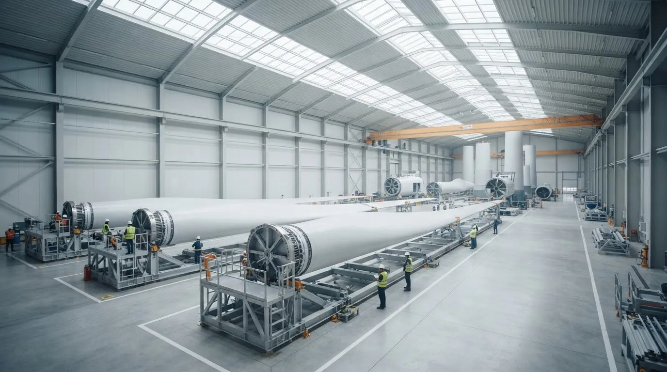 Wind turbine assembly hall with carbon fiber blades on precision scaffolds.