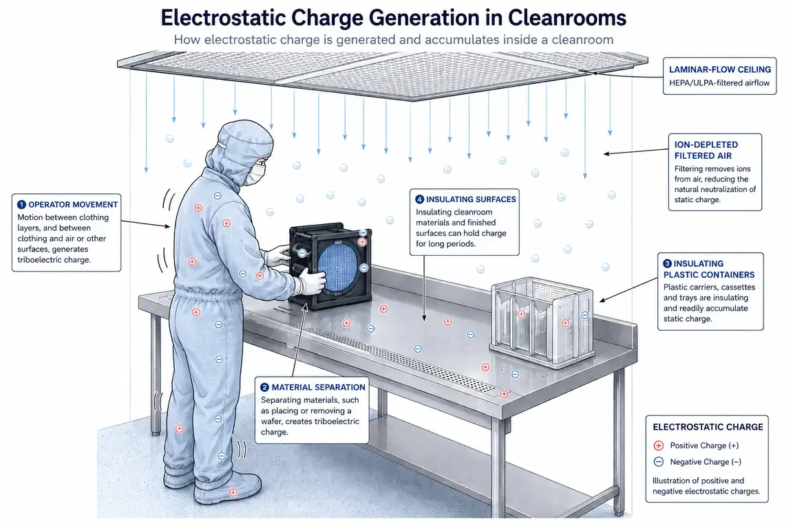 Diagram showing how operator movement, material separation, insulating surfaces and ion-depleted cleanroom air contribute to electrostatic charge generation and accumulation