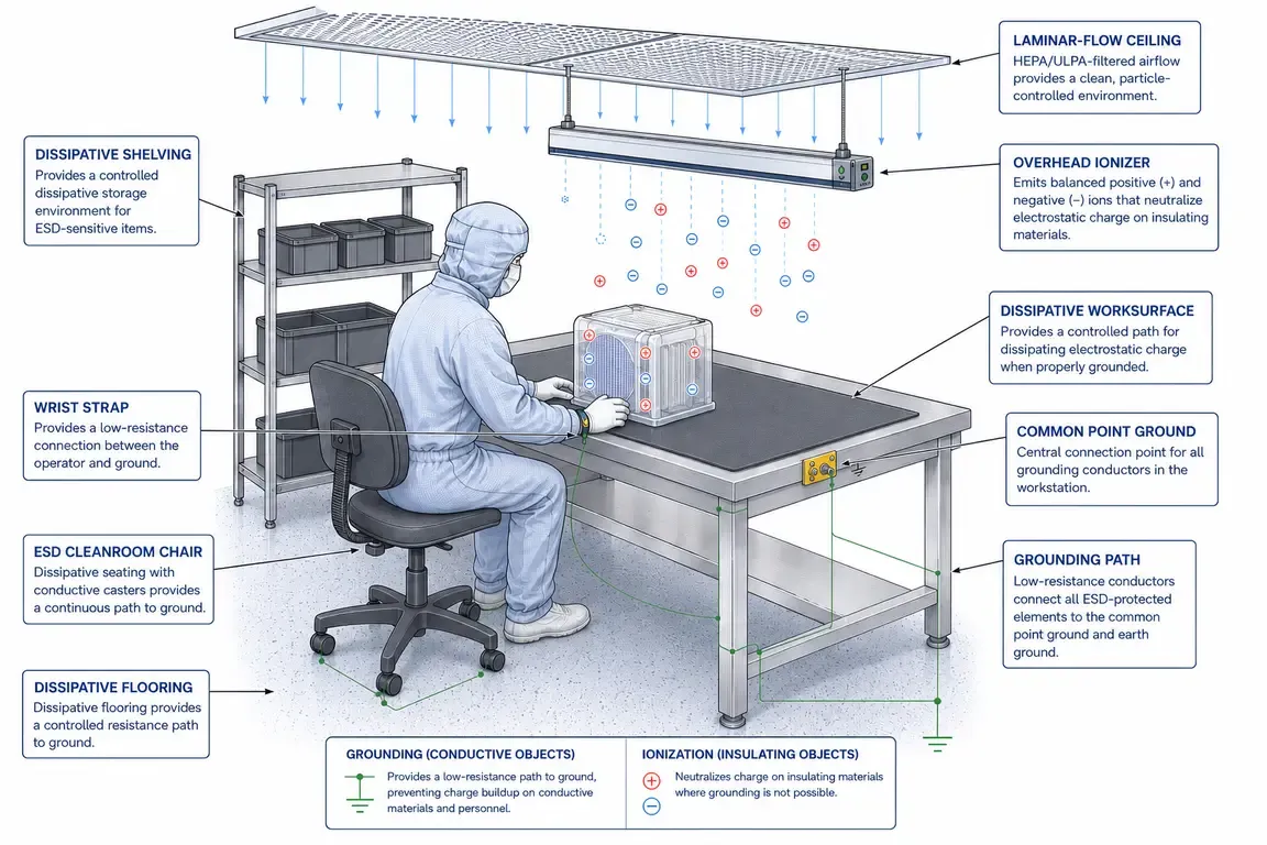 Annotated diagram of an ESD-protected cleanroom workstation showing a dissipative worksurface, wrist strap, common point ground, ESD chair, dissipative flooring, overhead ionizer and grounding paths
