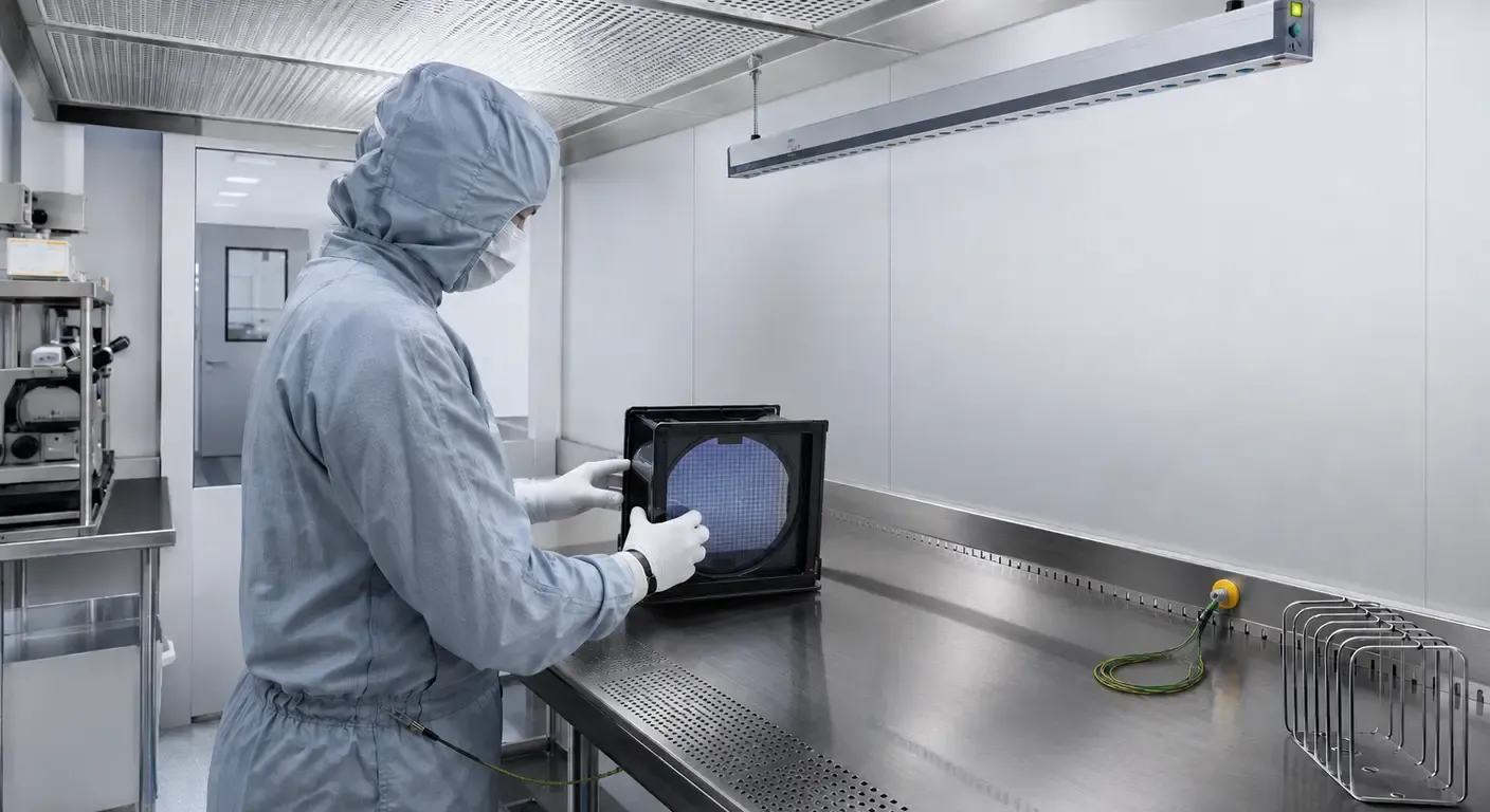 ESD cleanroom workstation with an operator handling a wafer carrier beneath an overhead ionizer.