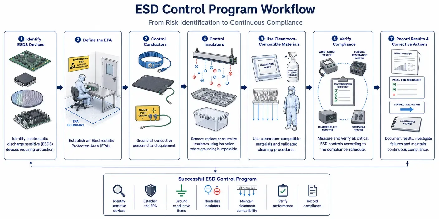 Flowchart illustrating an ESD control program from identifying ESDS devices and establishing an EPA to grounding, ionization, cleanroom compatibility, compliance verification and record keeping