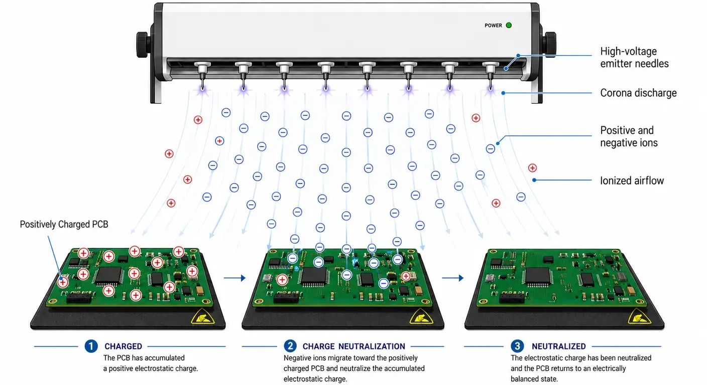 Diagram illustrating how an ESD ionizer generates positive and negative ions through corona discharge to neutralize electrostatic charge on a printed circuit board
