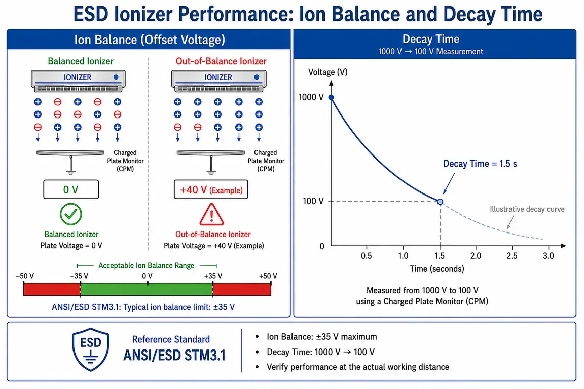 Diagram illustrating ESD ionizer performance by comparing ion balance offset voltage and decay time measured from 1000 V to 100 V using a charged plate monitor CPM