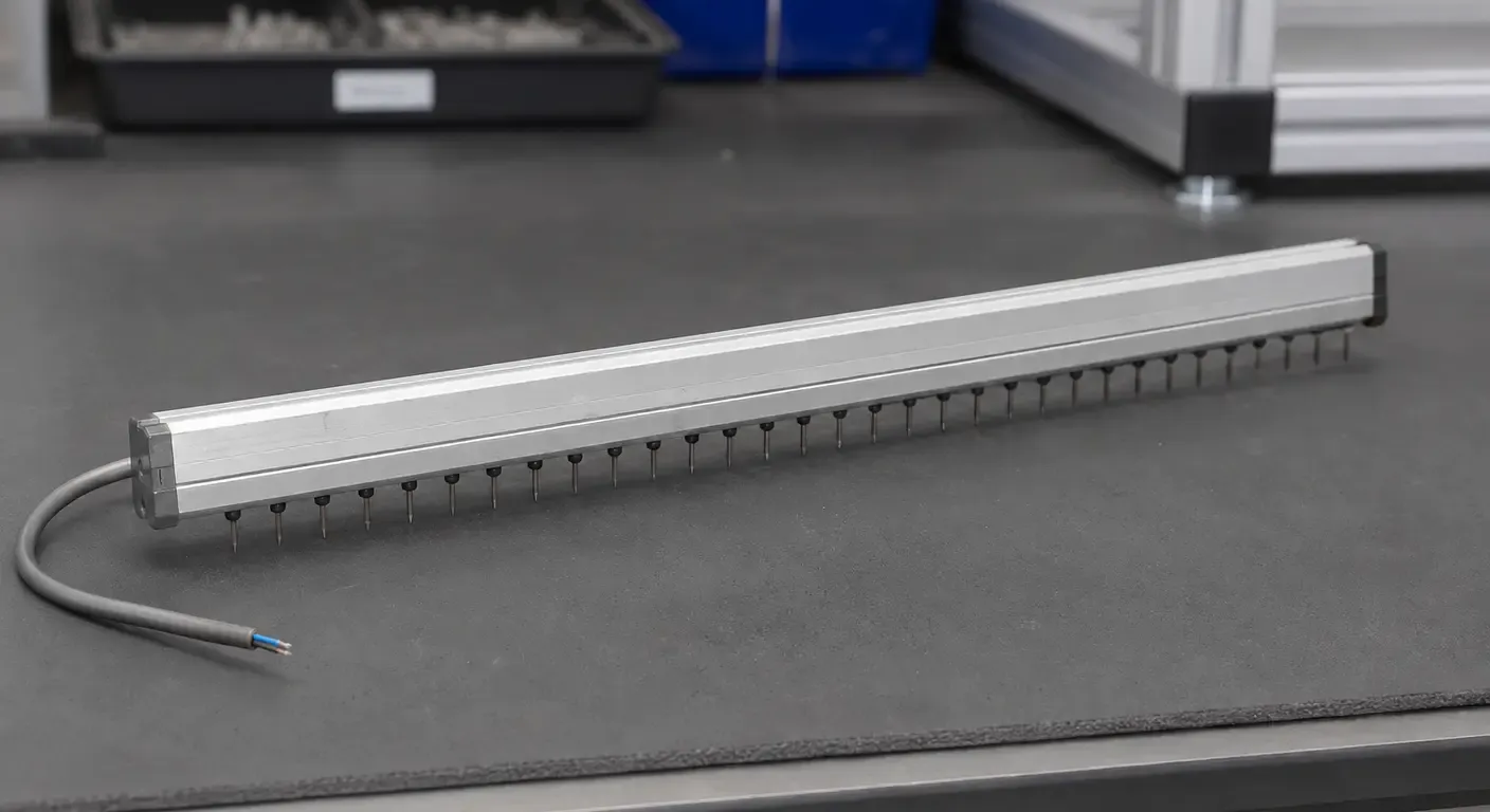 An ionizing bar lying diagonally on a grey dissipative bench mat, lifted out of its mounting: an anodized aluminium extrusion with a row of fine steel emitter needles projecting from dark sockets along its lower edge, and an unterminated cable trailing from one end.