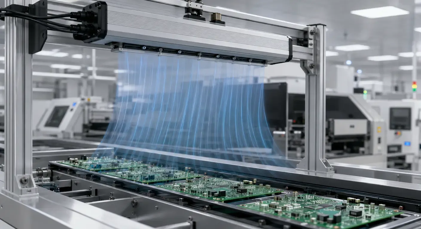Overhead ESD ionizer mounted above an SMT PCB assembly conveyor to neutralize static electricity during production