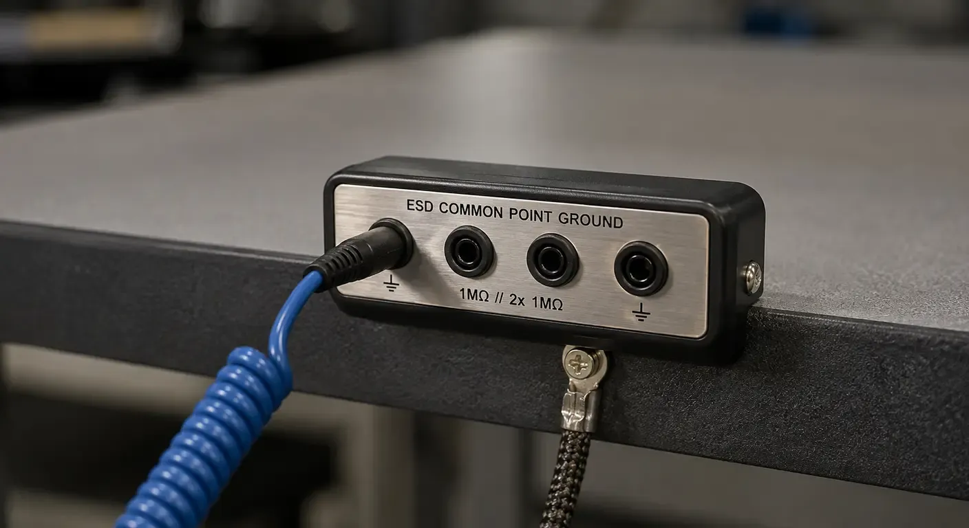 An ESD common point ground block mounted at the edge of a workbench, with a coiled grounding cord plugged into one socket and a braided ground lead running from its underside beneath the bench.