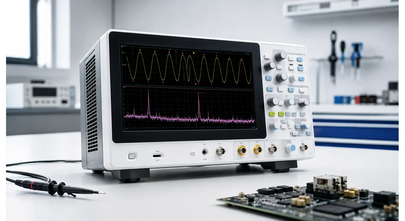 Modern digital oscilloscope displaying a time-domain waveform and an FFT frequency spectrum on an electronics engineering workbench.