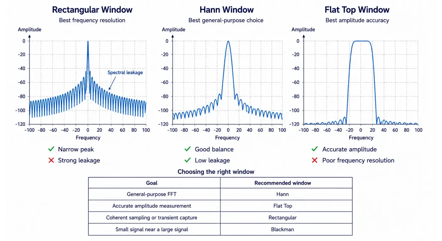 Comparison of Rectangular, Hann and Flat Top FFT window functions showing spectral leakage, peak shape and recommended engineering applications