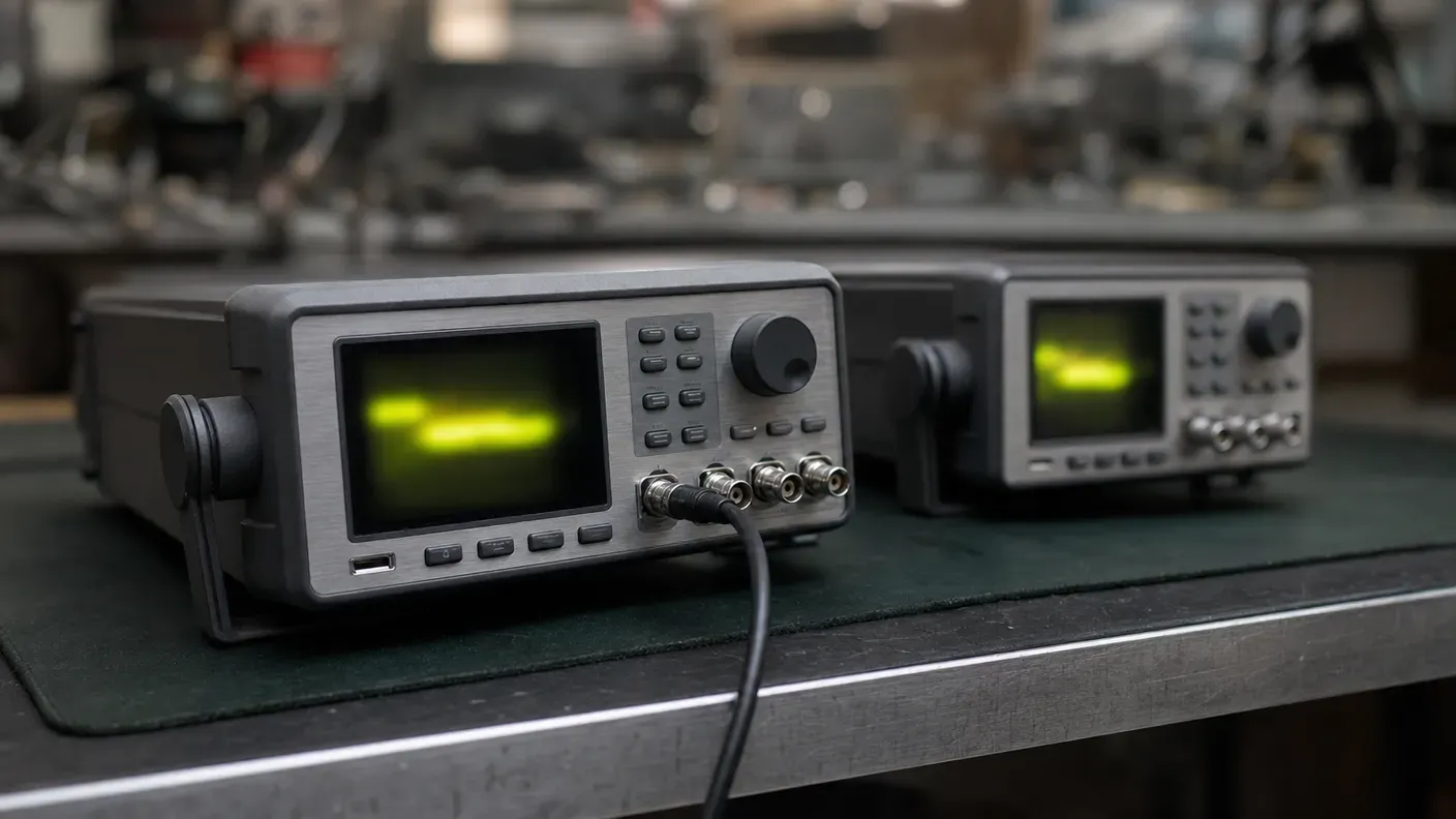 Two benchtop waveform generators side by side on a workbench, a coaxial lead attached to the nearer instrument's output connector.