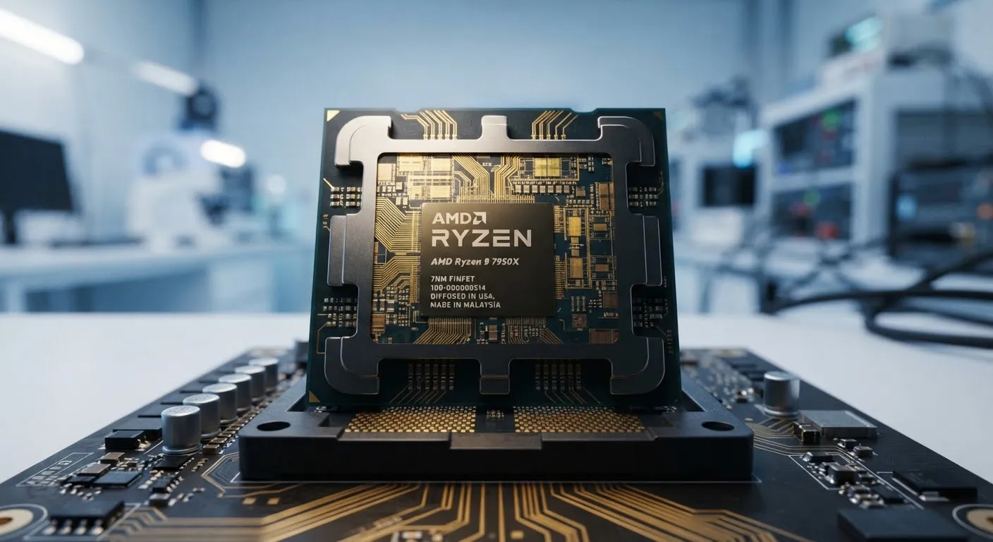 Macro shot of a modern CPU with golden circuit paths on a silicon wafer.