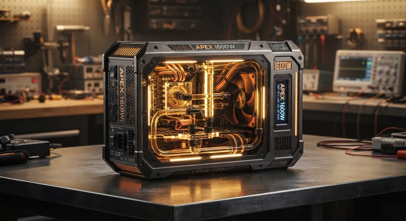 Power supply unit with exposed copper heat pipes and cooling tubes in warm light.