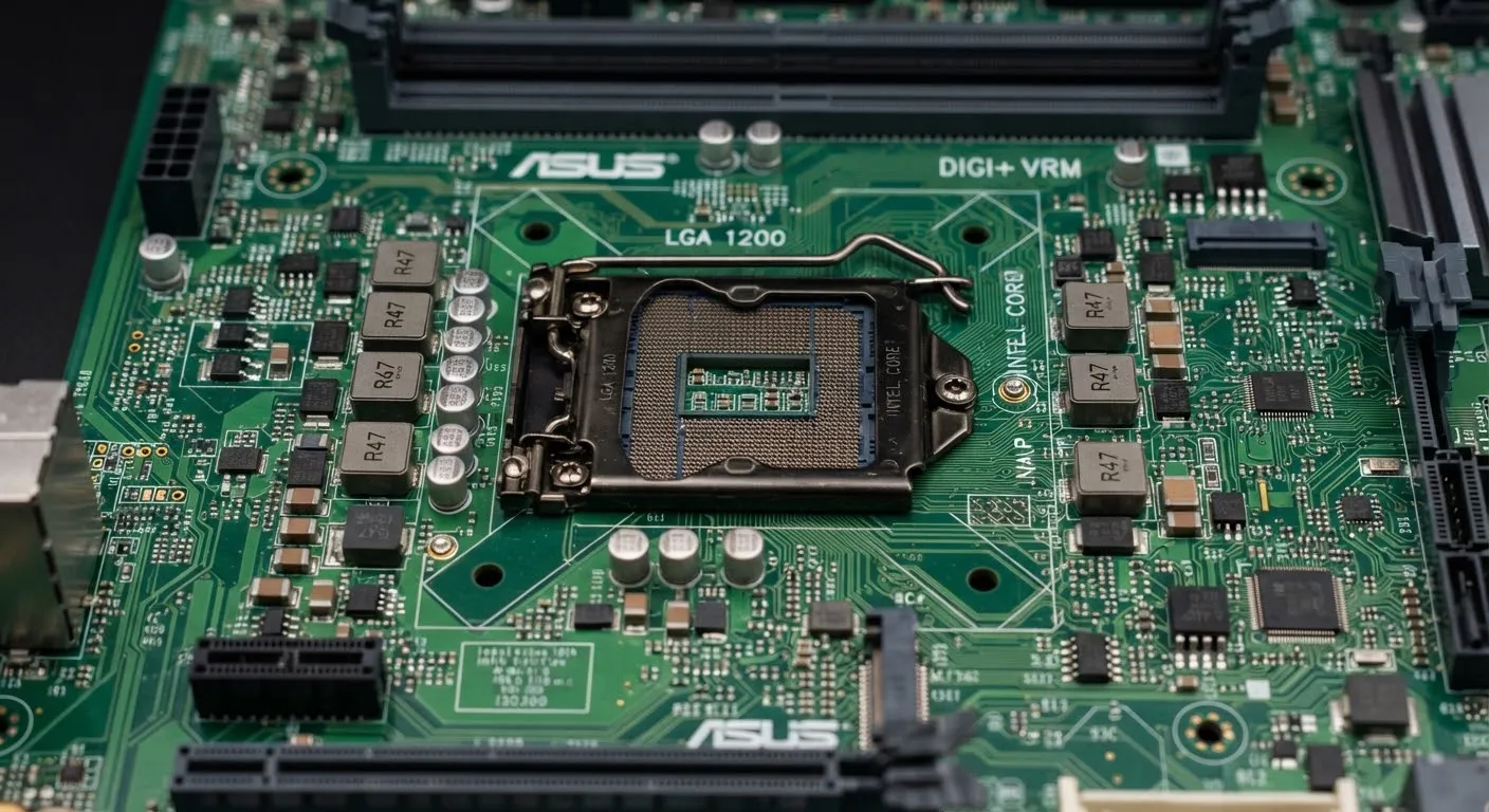 Macro photograph of a green PCB with gold-plated traces around a CPU socket.