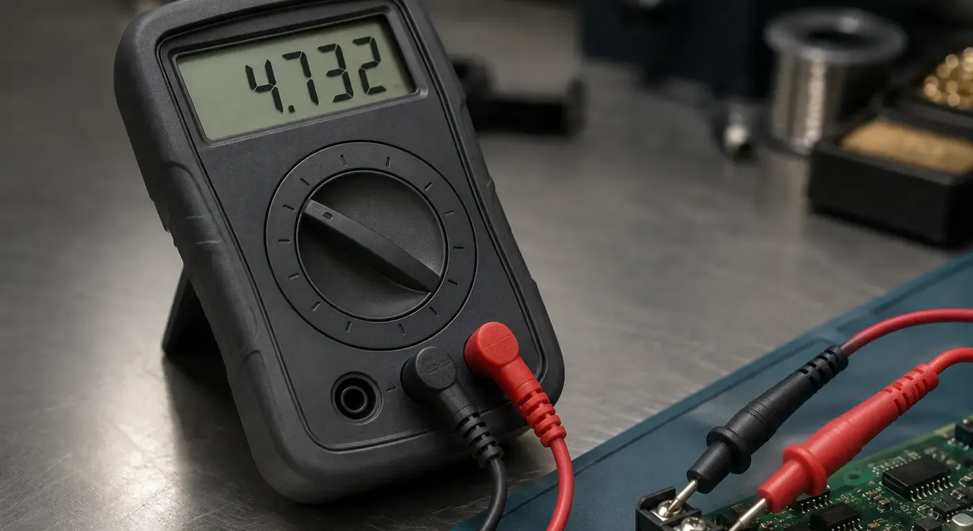 A handheld digital multimeter standing on a steel workbench, its display showing a voltage reading, with red and black test leads running toward a circuit board at the edge of the frame.