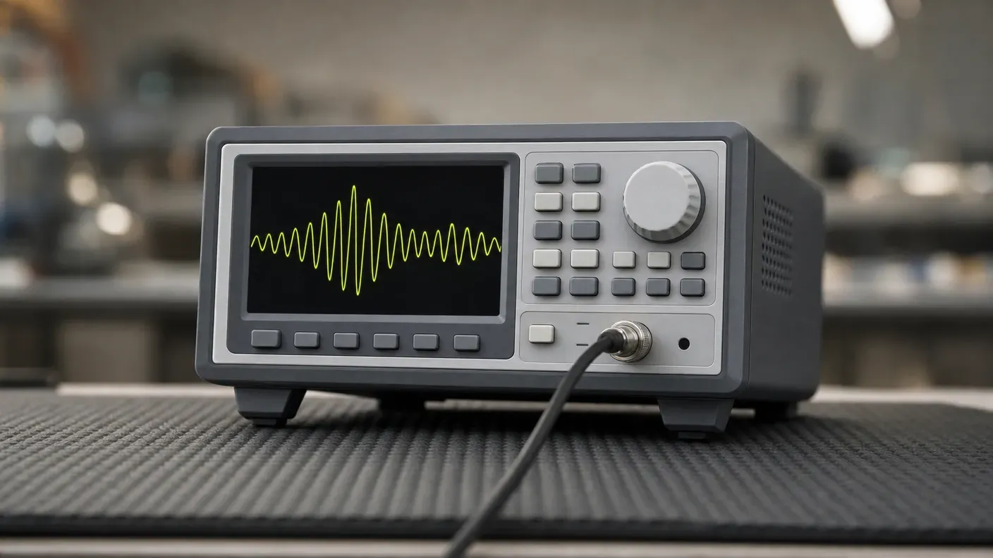 A benchtop waveform generator on a workbench, a coaxial lead attached to its output connector.