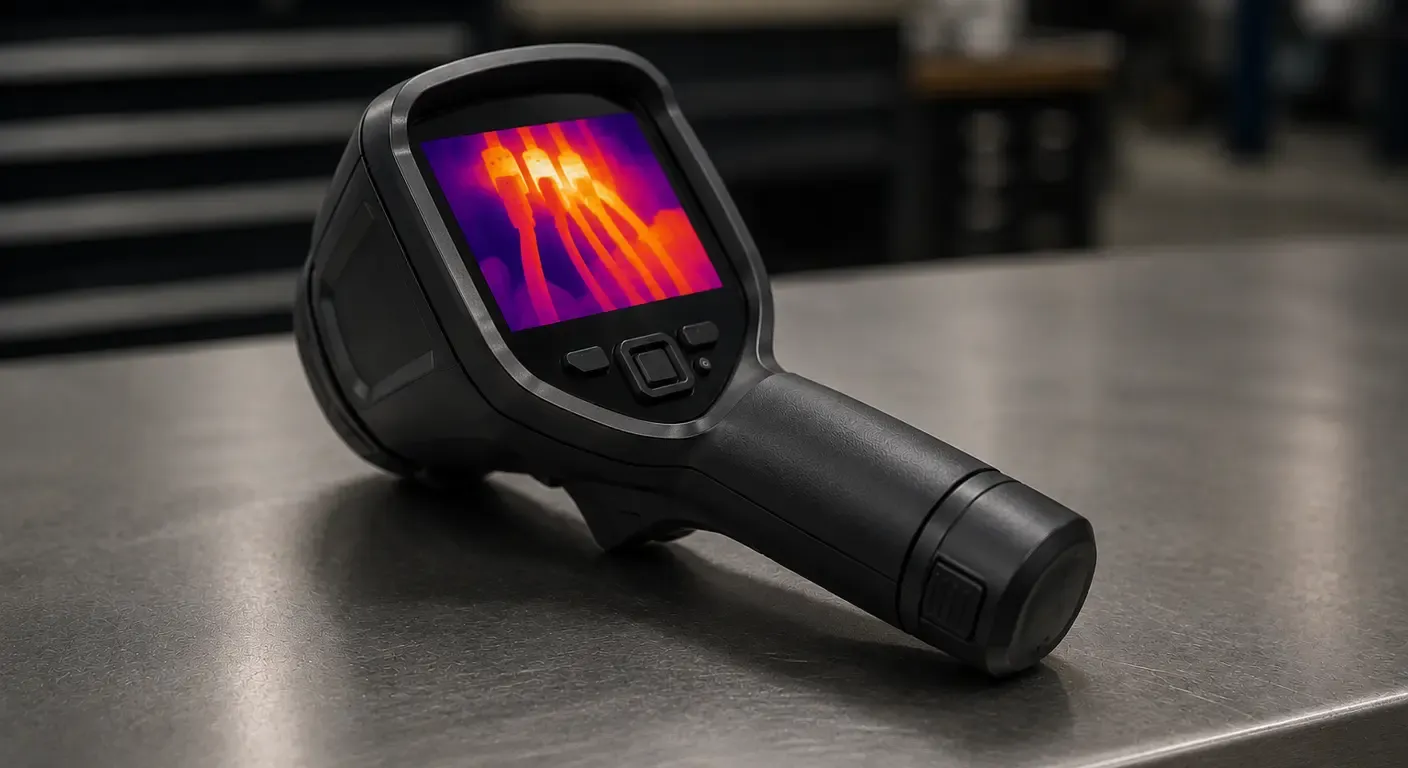 A handheld thermal imaging camera resting on a brushed metal workbench, its screen showing a live thermal view of cables and connectors, with the workshop behind it out of focus.