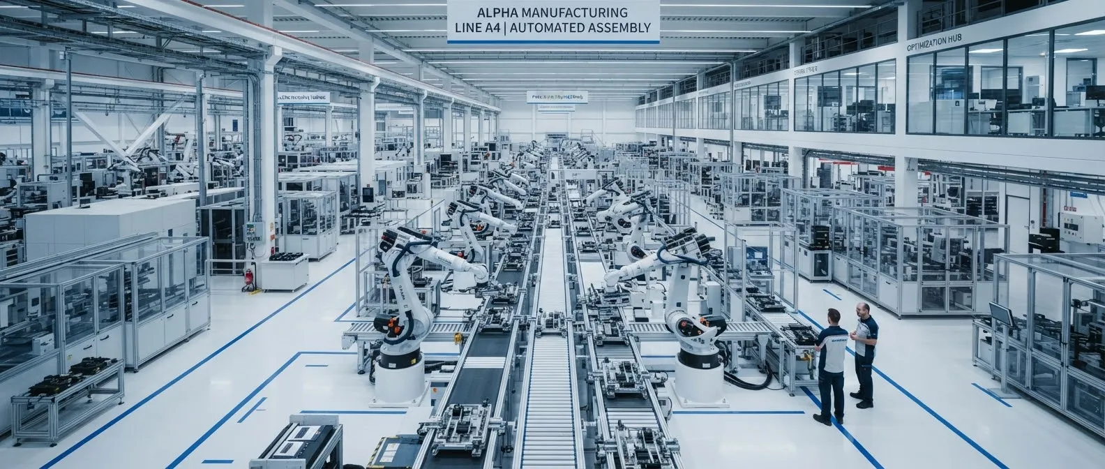 Automated robotic manufacturing floor with white robotic arms and conveyor systems.