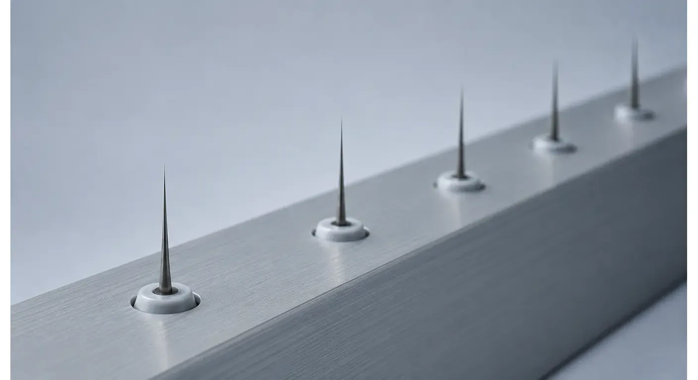 Close view of corona emitter points on a cleanroom ionizing bar used for electrostatic charge neutralization.