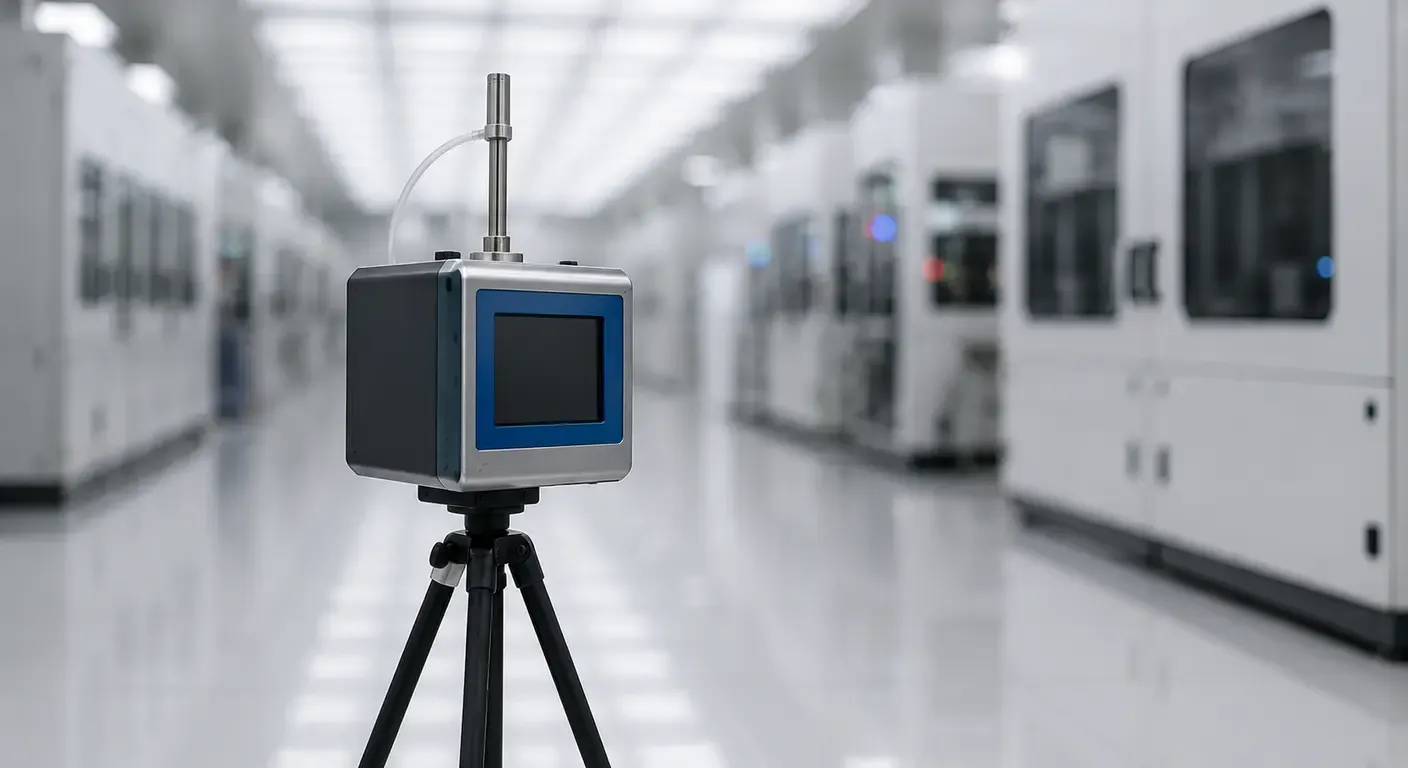 Portable airborne particle counter on a tripod standing in the aisle of an operating cleanroom, with rows of process equipment receding out of focus behind it.