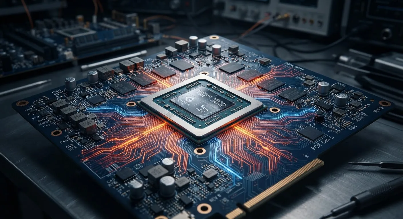 System-on-module board with a dark blue PCB and glowing copper traces.