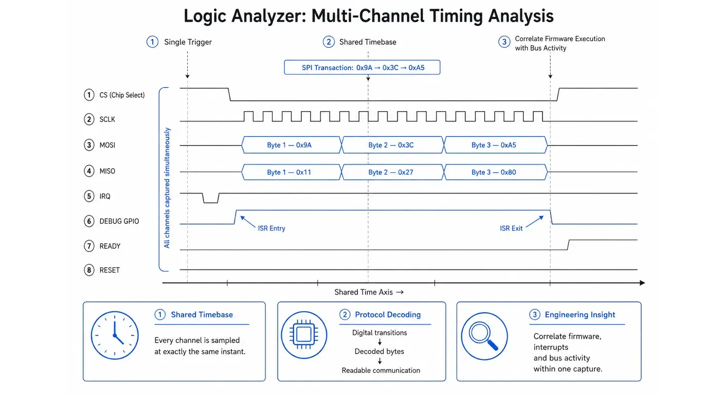 Diagram illustrating how a logic analyzer captures multiple digital signals simultaneously on a shared timebase with SPI protocol decoding and firmware event correlation