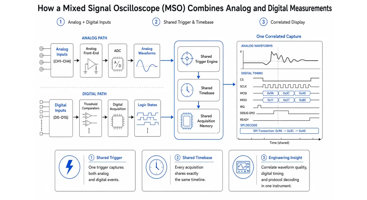 Diagram showing how a mixed signal oscilloscope combines analog and digital acquisition through a shared trigger, timebase and memory to produce one synchronized display