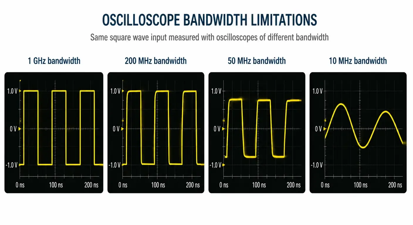 Oscilloscope bandwidth comparison showing how lower bandwidth reduces square wave accuracy and rounds signal edges
