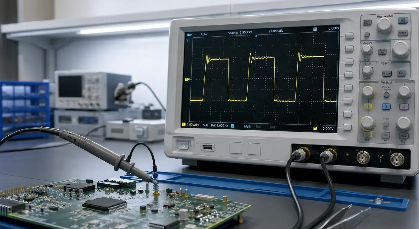 Bench oscilloscope displaying a fast square wave to illustrate oscilloscope bandwidth measurement.
