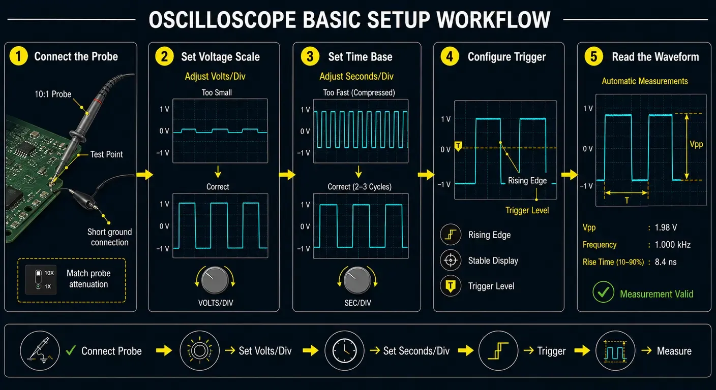 Illustrated five-step workflow showing how to use an oscilloscope, from connecting the probe and adjusting voltage and time scales to configuring the trigger and reading waveform measurements