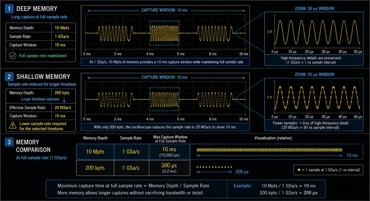 Diagram showing how oscilloscope memory depth determines capture duration at full sample rate and why shallow memory requires a lower sample rate at longer timebase settings