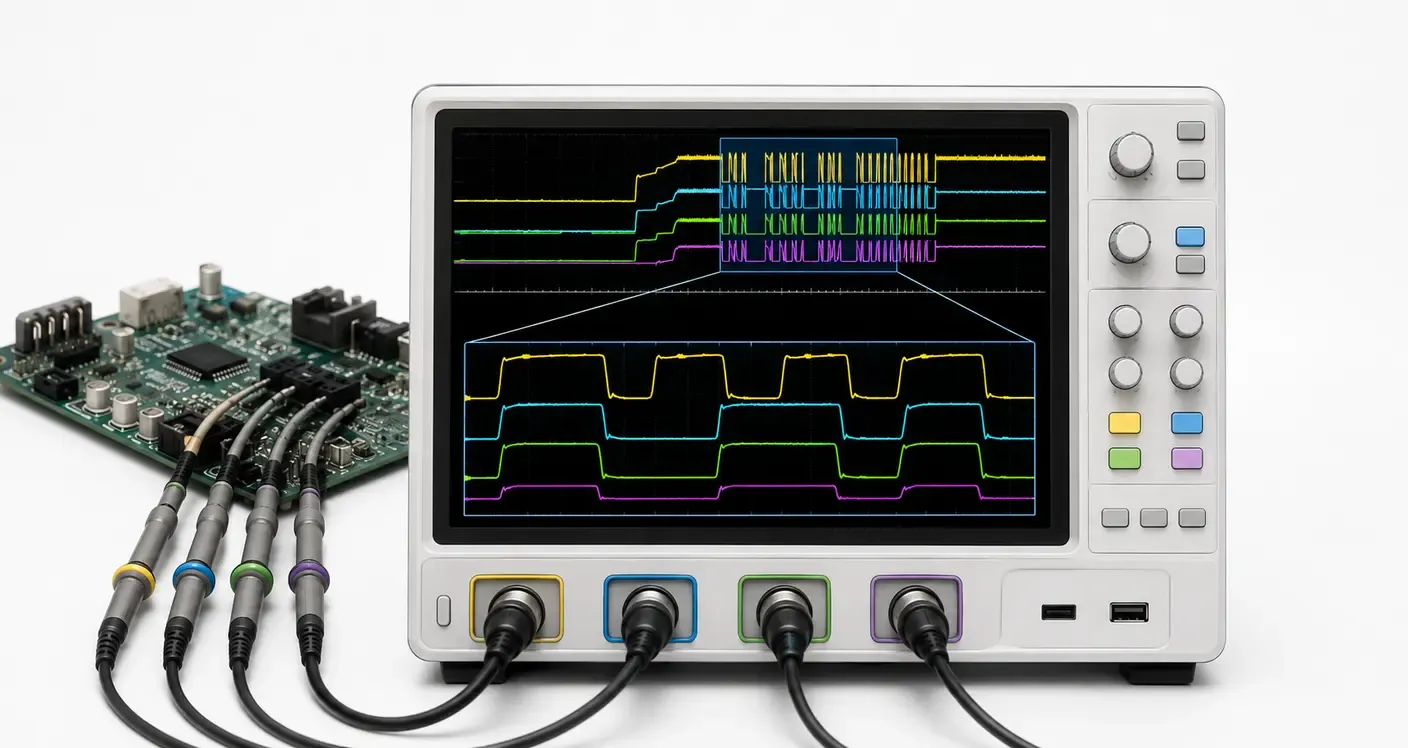 Four-channel digital oscilloscope capturing a long acquisition with a zoomed waveform detail illustrating deep memory and high sample-rate signal analysis.