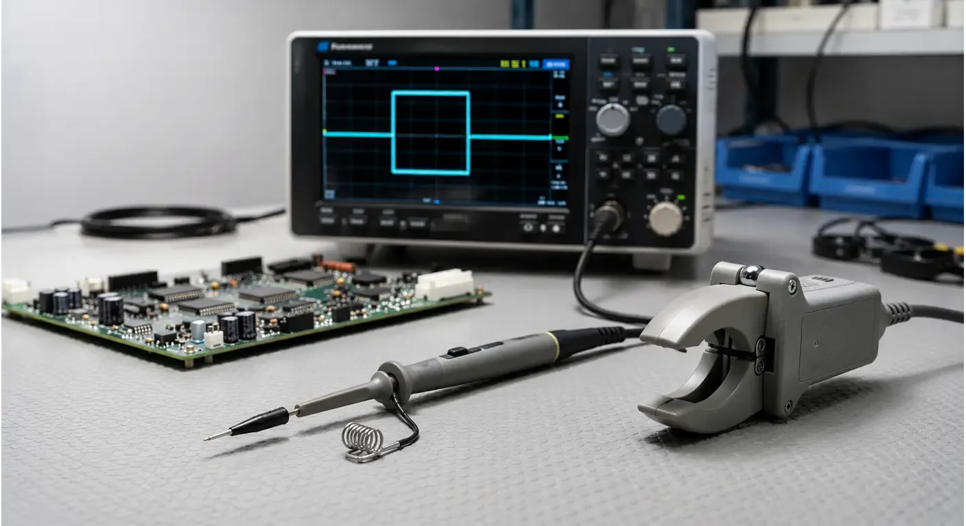 Oscilloscope with a passive probe and a clamp-on current probe on an electronics workbench beside a populated PCB.