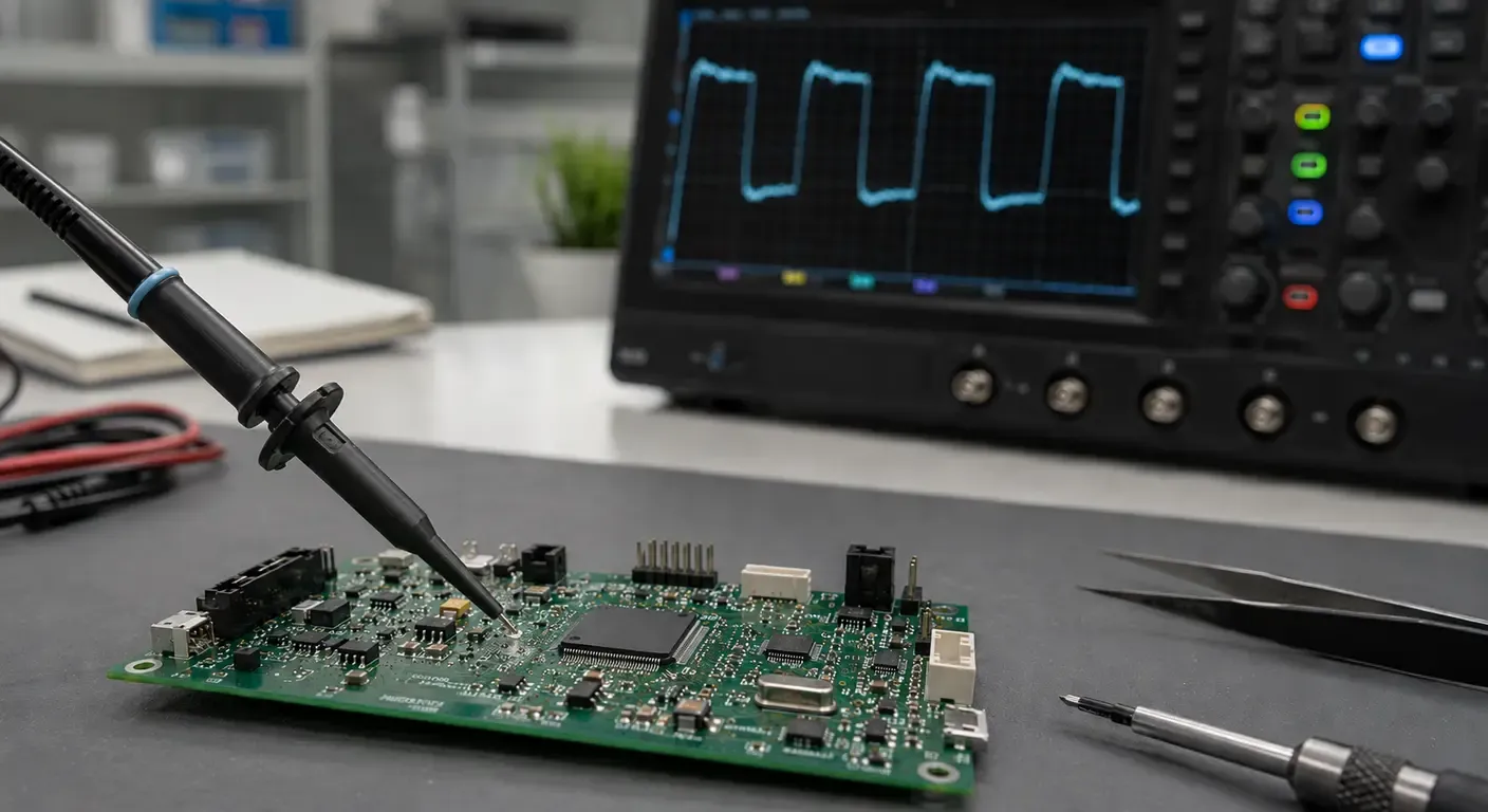 Oscilloscope probe measuring a signal on a PCB while a digital oscilloscope displays the waveform.