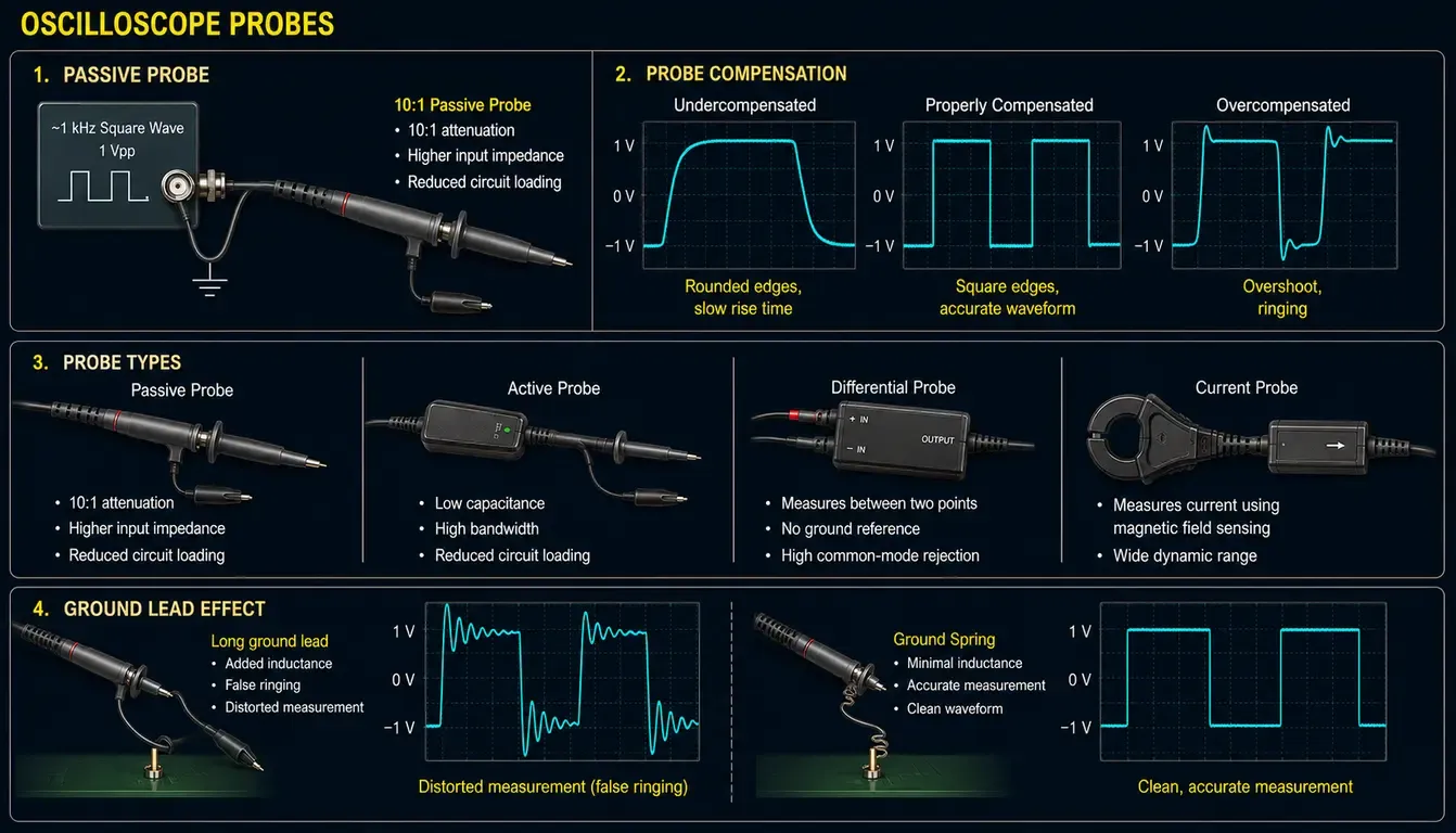 Illustration showing the main types of oscilloscope probes, proper probe compensation, and how ground lead length affects waveform measurements