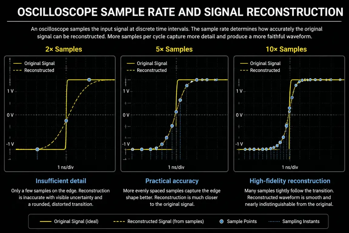 Comparison of oscilloscope signal reconstruction at 2x, 5x and 10x sampling rates showing improved edge accuracy with higher sample rate