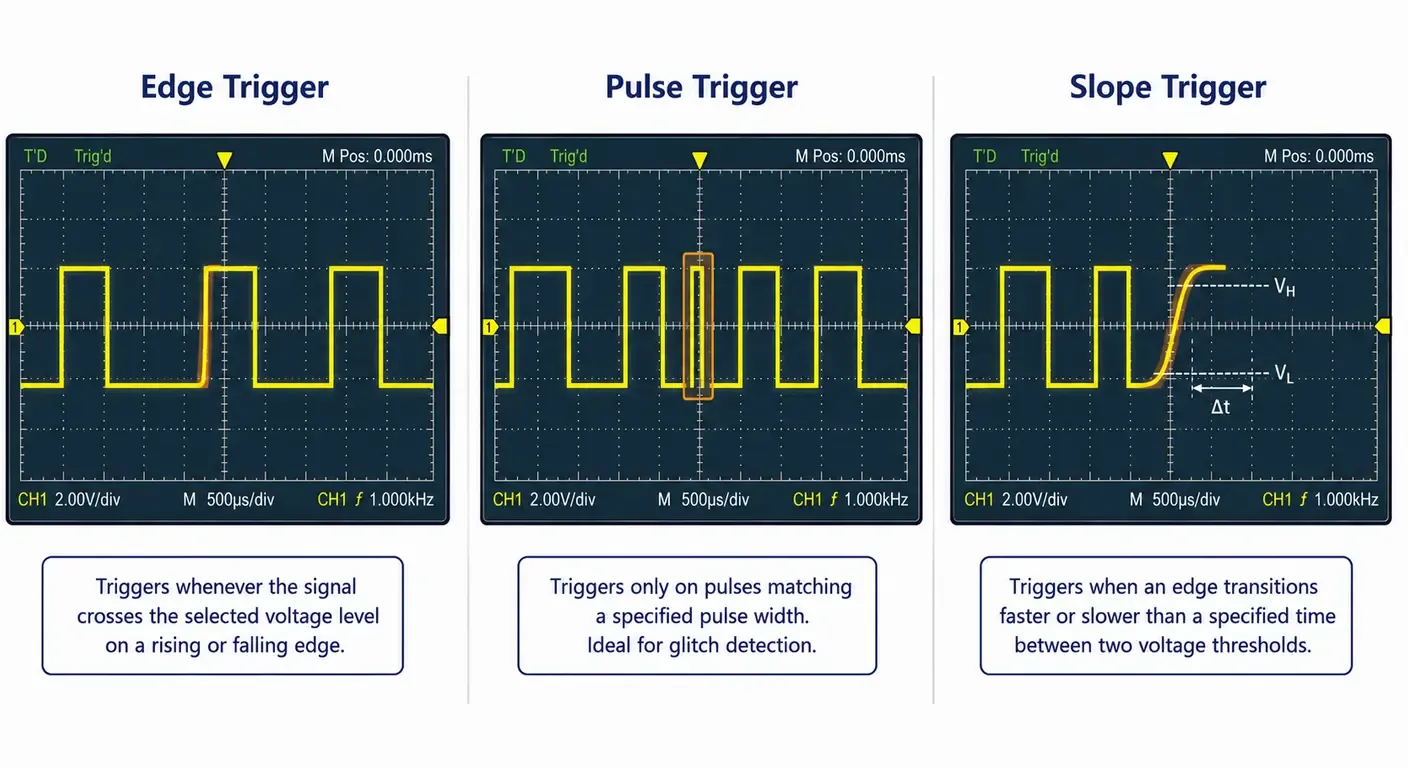 Comparison of edge, pulse and slope trigger conditions applied to the same waveform, showing normal edge triggering, glitch detection and slow-edge triggering