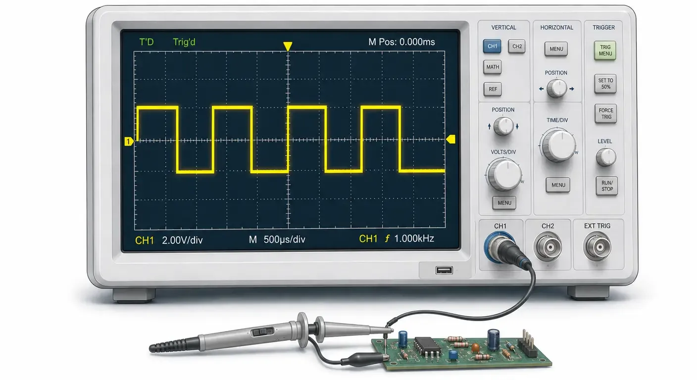 Digital storage oscilloscope displaying a stable square wave with the trigger level marker and trigger position indicator aligned on the rising edge.