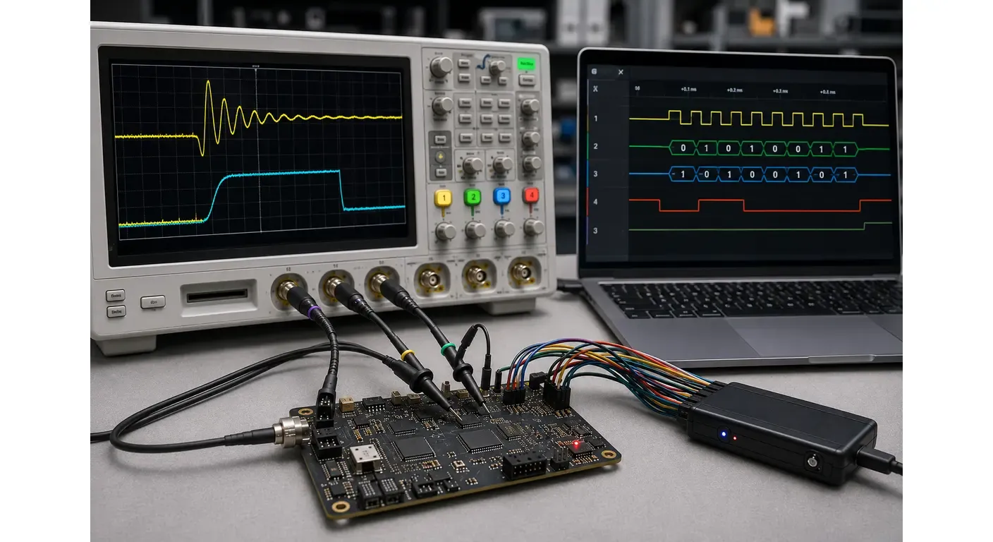 Bench oscilloscope and 16-channel logic analyzer connected to the same embedded development board, illustrating analog waveform analysis alongside digital protocol debugging.