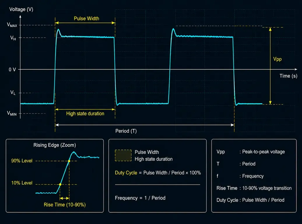 Annotated oscilloscope waveform showing peak-to-peak voltage, period, rise time, pulse width and duty cycle measurements